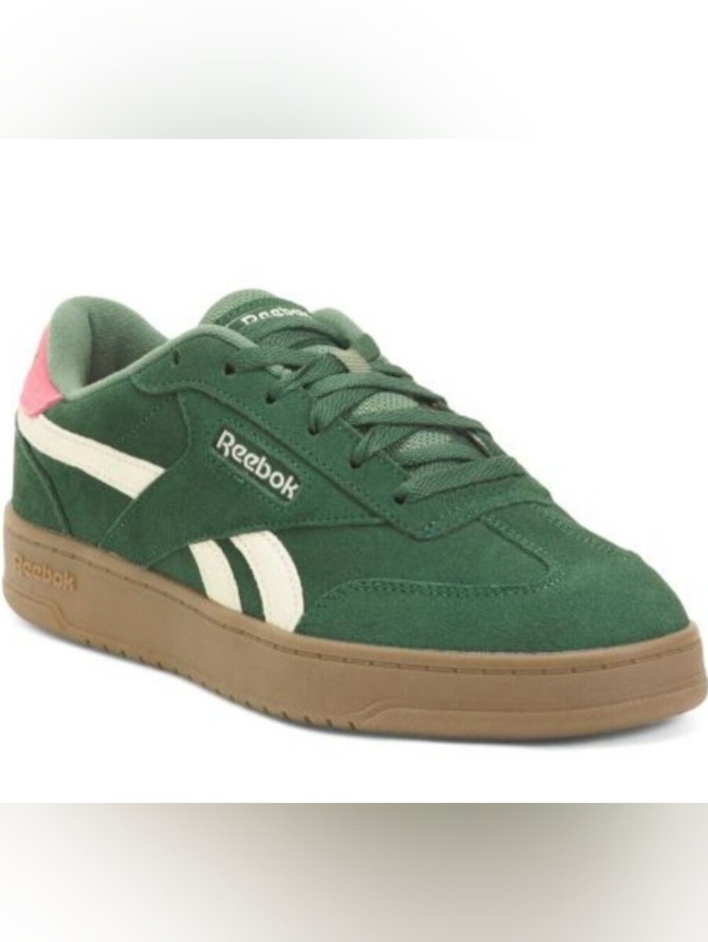 Reebok Green Suede Sneakers with Pink Heel and Cream Stripes